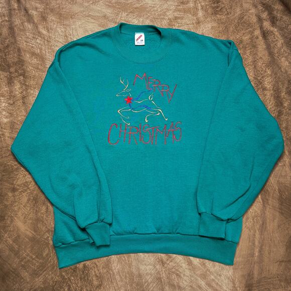 Jerzees Vintage 90s Merry Christmas Reindeer Embroidered Sweatshirt Teal Green - Picture 1 of 6